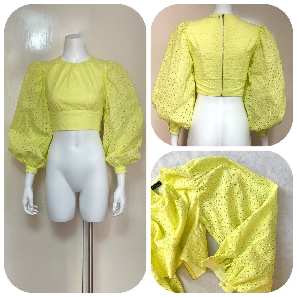 SHEIN PREMIUM 100% COTTON PUFF SLEEVE eyelet back zipper Crop TOP 2 - Picture 3 of 14